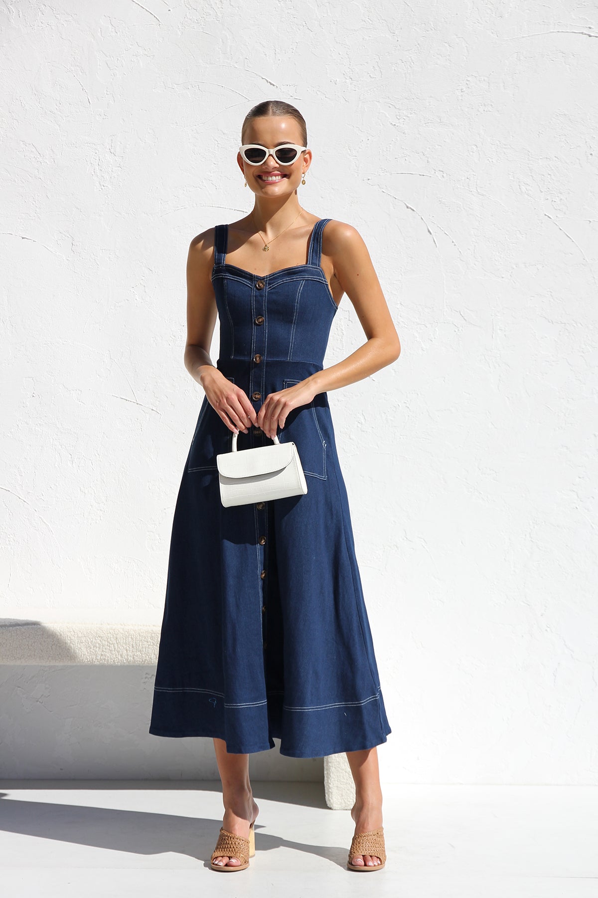 DENIM SUSPENDER CASUAL BUTTON MIDI DRESS