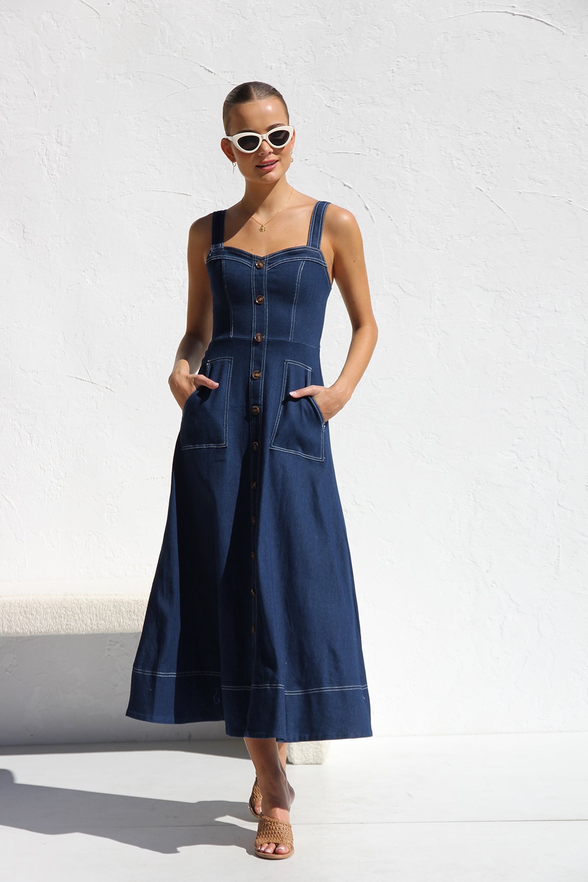 DENIM SUSPENDER CASUAL BUTTON MIDI DRESS