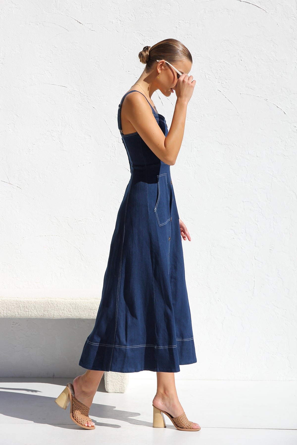 DENIM SUSPENDER CASUAL BUTTON MIDI DRESS