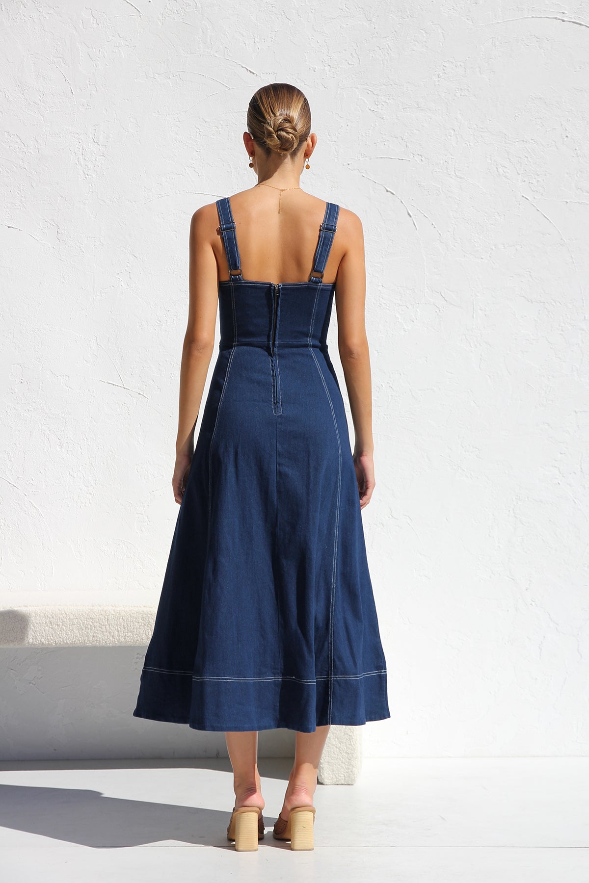 DENIM SUSPENDER CASUAL BUTTON MIDI DRESS