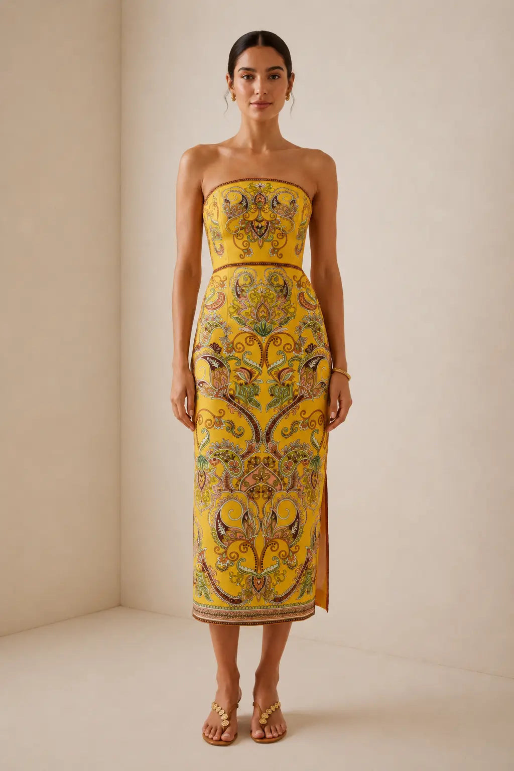 Ärmelloses, trägerloses, tailliertes Midikleid mit Paisleymuster