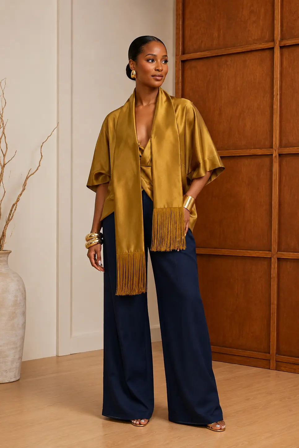 Blusa drappeggiata con sciarpa a frange