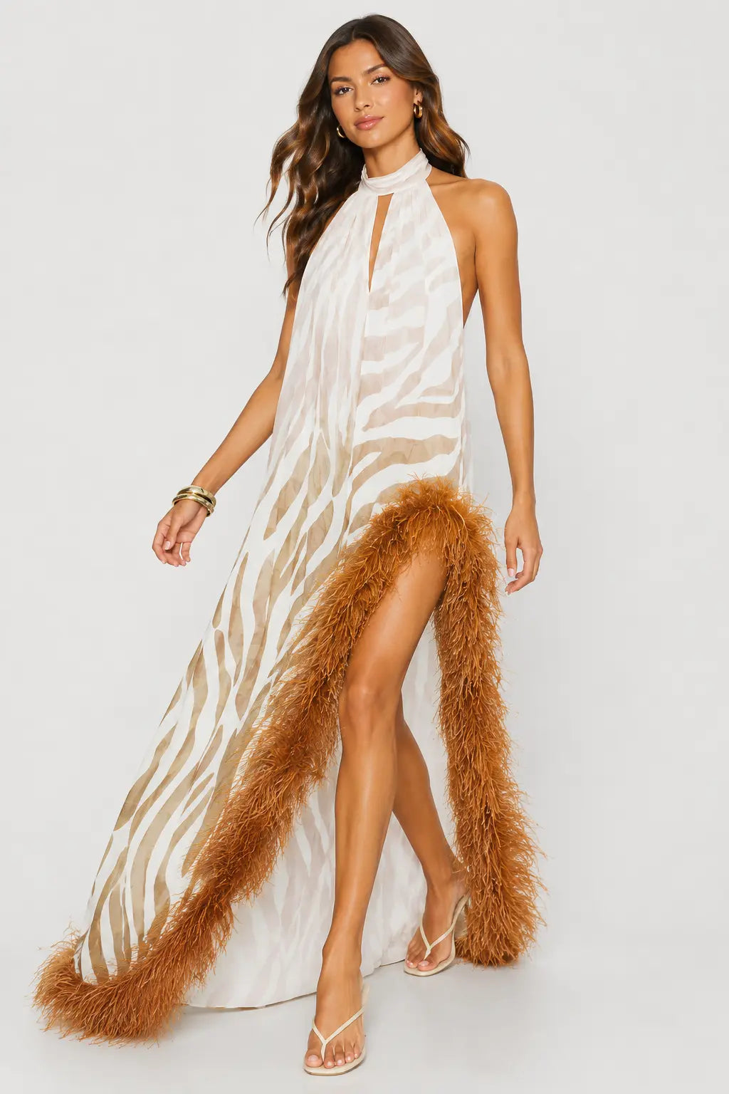 Feather Trim Halter Gown