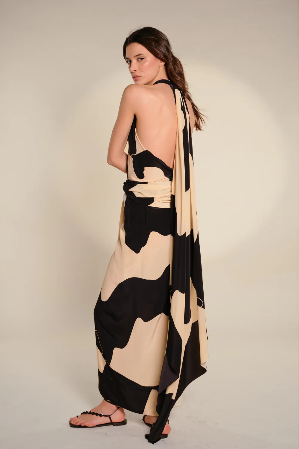 Abstract Print Halter Flowing Cape Maxi Dress