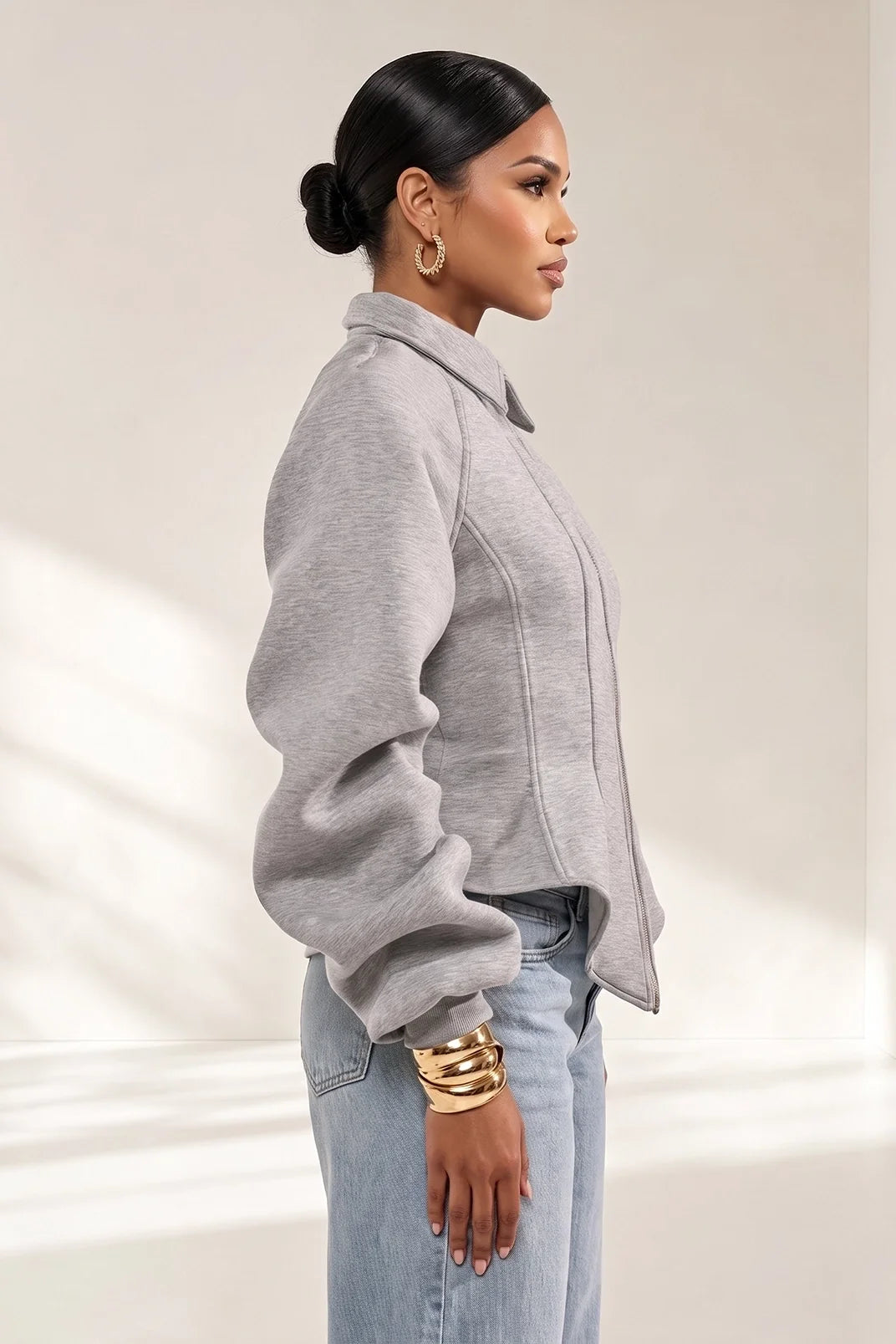 Grey Corset Waist Zip Up Jacket