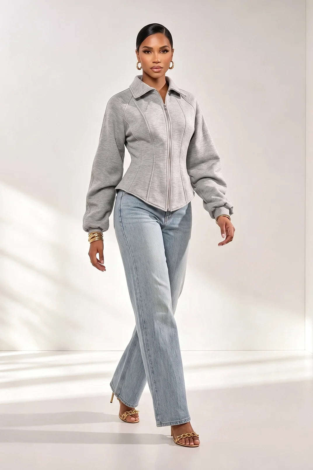 Grey Corset Waist Zip Up Jacket