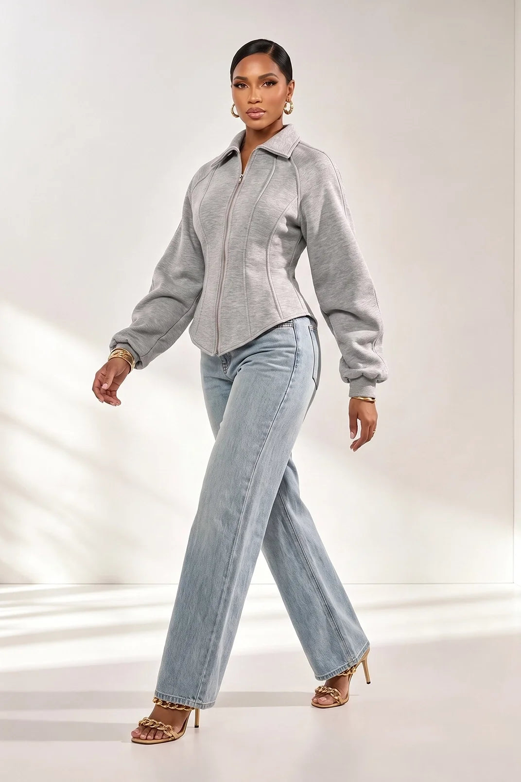 Grey Corset Waist Zip Up Jacket