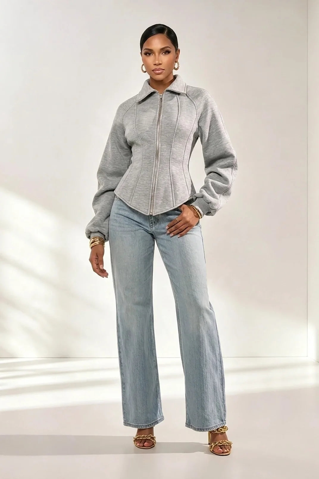 Grey Corset Waist Zip Up Jacket