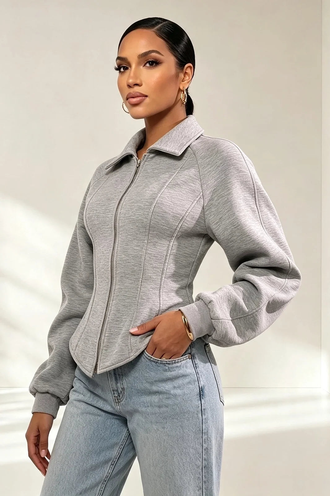 Grey Corset Waist Zip Up Jacket