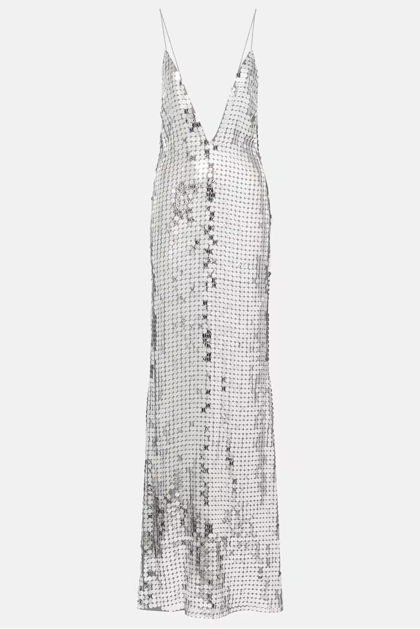 Sequined Plunge Halter Maxi Gown