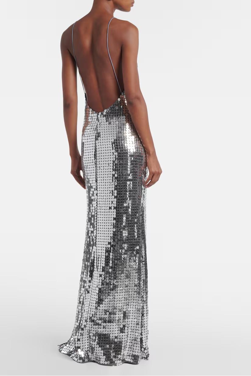Sequined Plunge Halter Maxi Gown