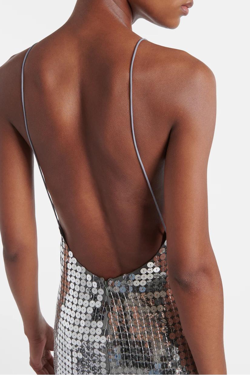 Sequined Plunge Halter Maxi Gown