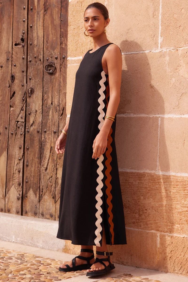 Side Wave Stripes Embellished Side Slit Loose Dress