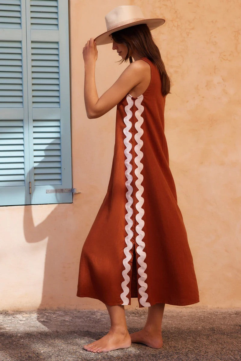 Side Wave Stripes Embellished Side Slit Loose Dress