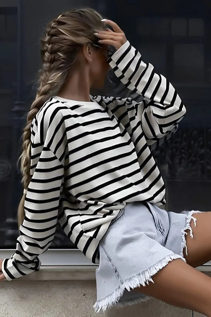 Ronde Hals Shirt Zwart Gestreepte Blouse