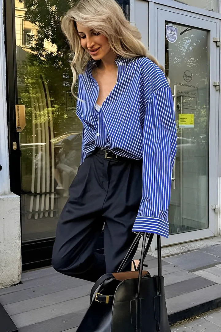 Patchwork gestreepte losse blouse met lange mouwen
