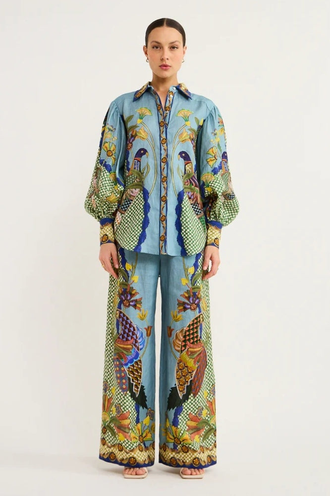 Printed Puff Sleeve Shirt Two-Piece Set