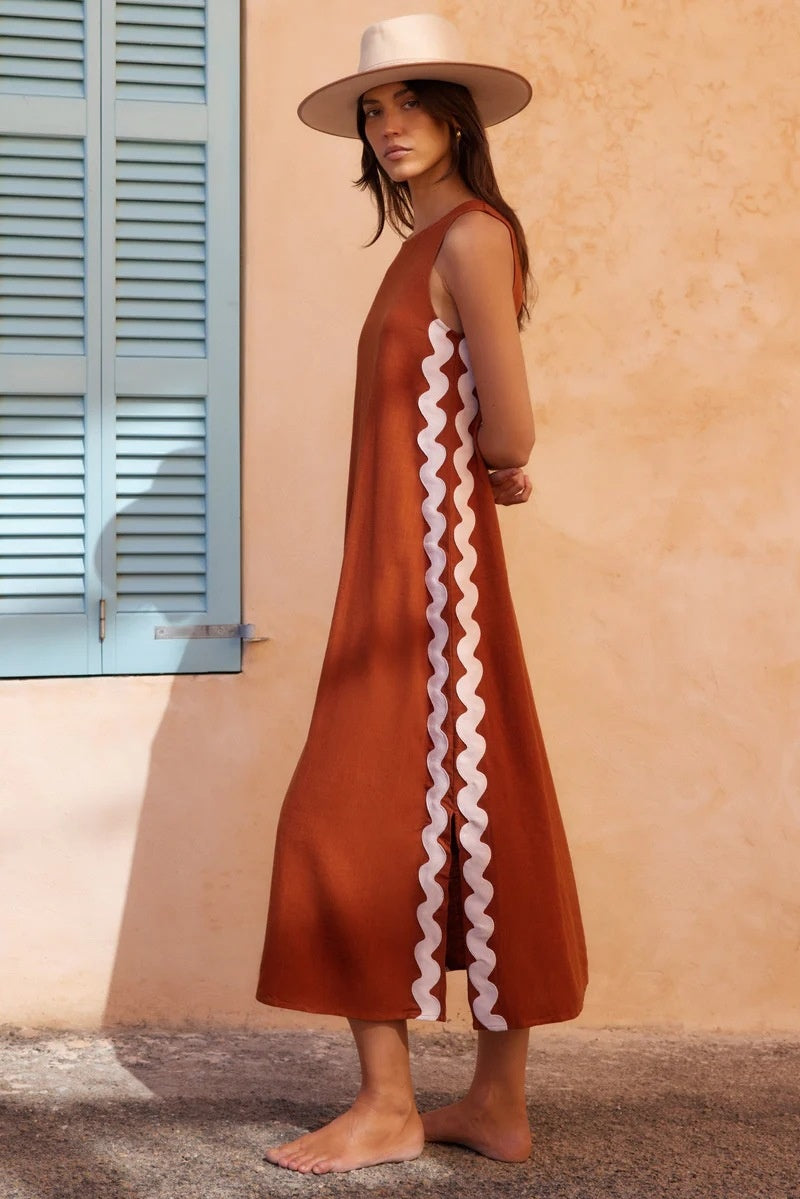 Side Wave Stripes Embellished Side Slit Loose Dress