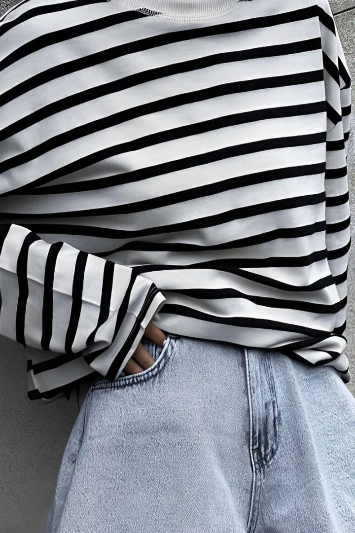 Ronde Hals Shirt Zwart Gestreepte Blouse
