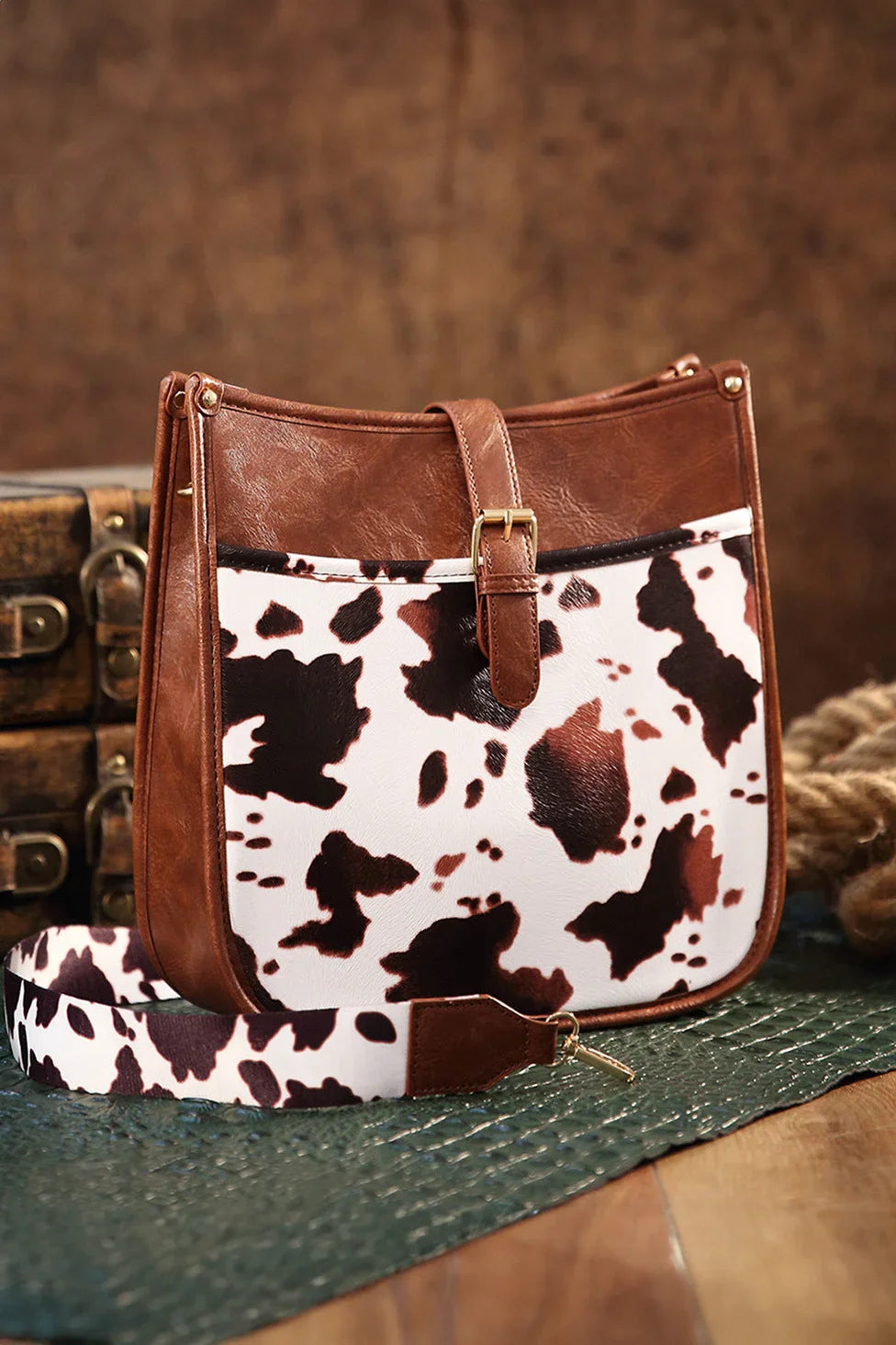 Western Cowboy Stijl Bruine Koeienprint Crossbody Tas