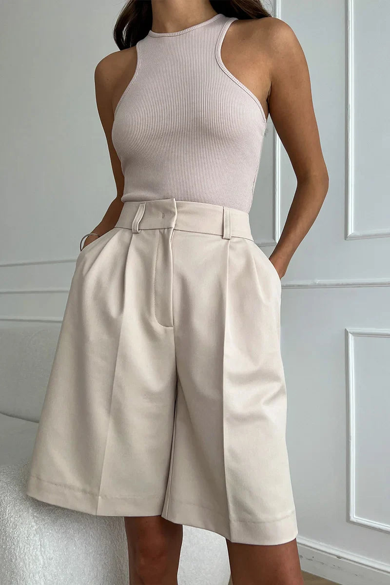 High Waist Pleated Bermuda Shorts