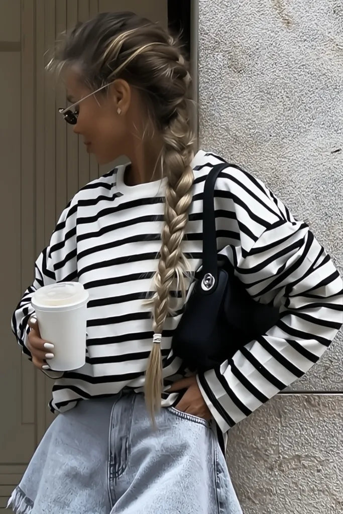 Ronde Hals Shirt Zwart Gestreepte Blouse