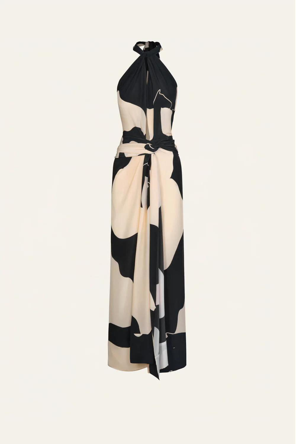 Abstract Print Halter Flowing Cape Maxi Dress