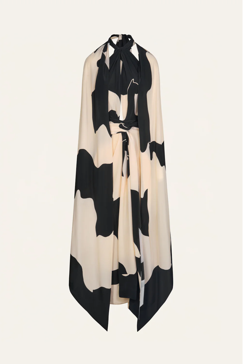 Abstract Print Halter Flowing Cape Maxi Dress