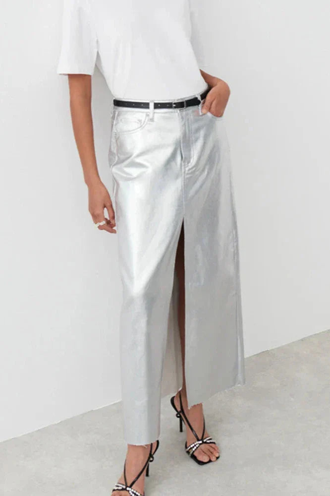 Zilveren Hoge Taille Potlood Maxi Rok
