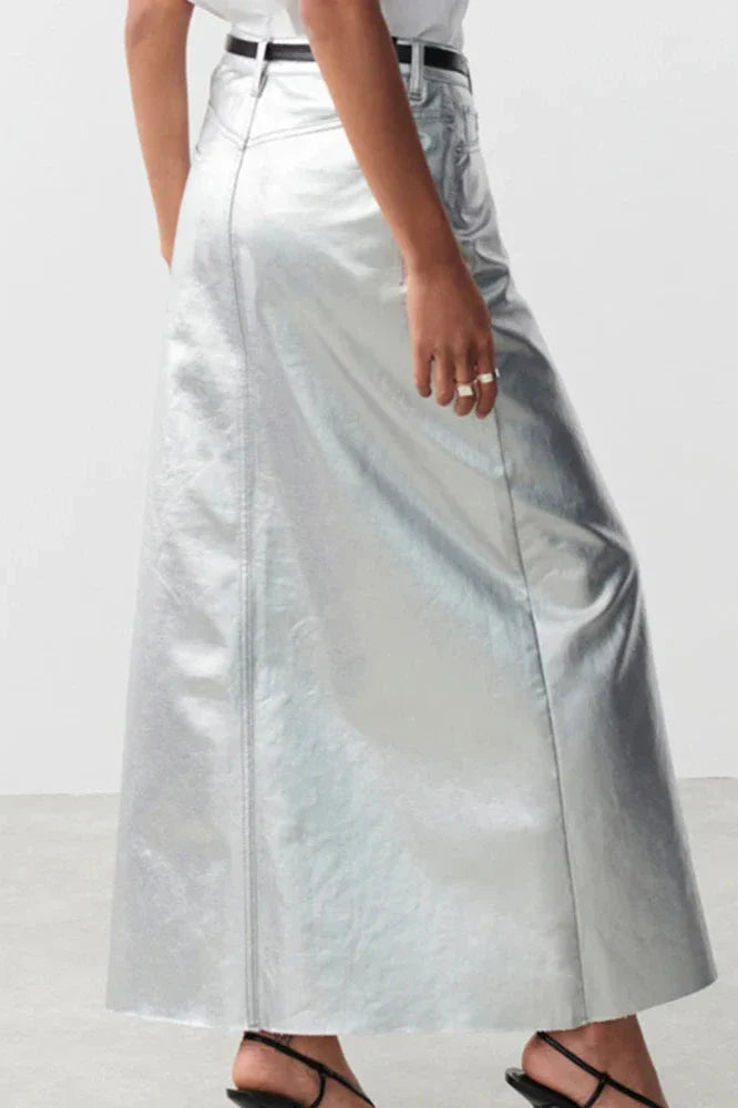 Zilveren Hoge Taille Potlood Maxi Rok