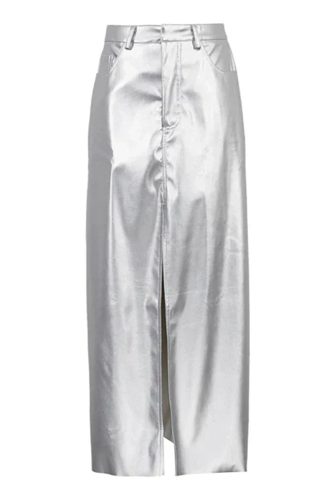 Zilveren Hoge Taille Potlood Maxi Rok