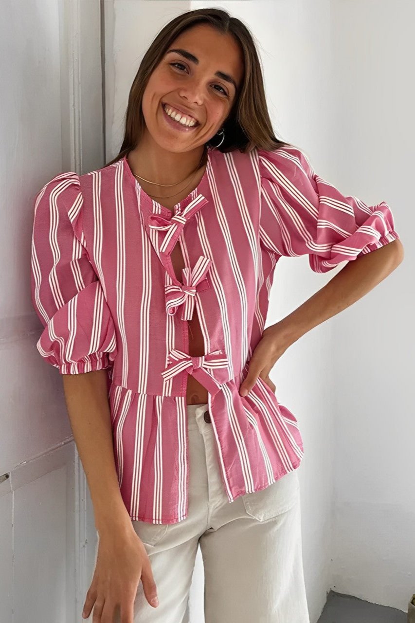 Strepen Puffmouw Peplum Strikblouse