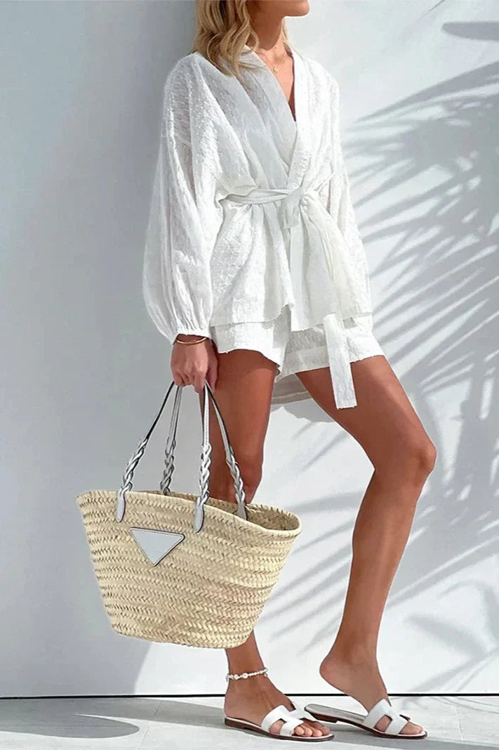 Witte Jacquard Weefsel Getailleerde Tweedelige Set