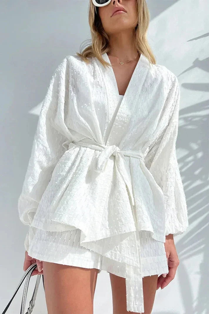 Witte Jacquard Weefsel Getailleerde Tweedelige Set