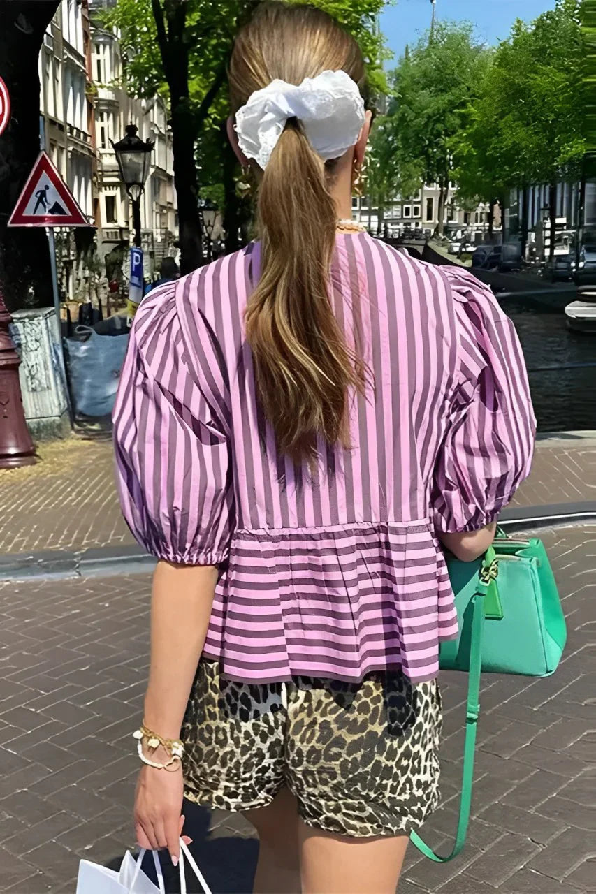 Strepen Puff Mouw Peplum Strik Blouse Kort Topje
