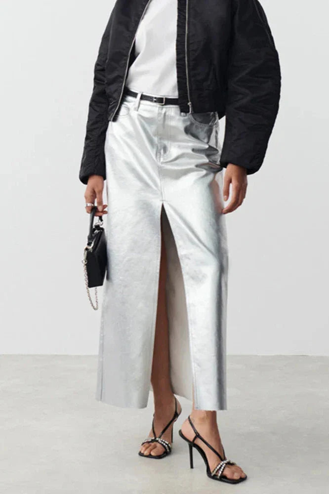 Zilveren Hoge Taille Potlood Maxi Rok