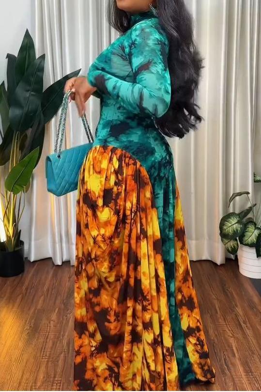 Teal & Orange Tie-Dye Mesh Panel Maxi Dress