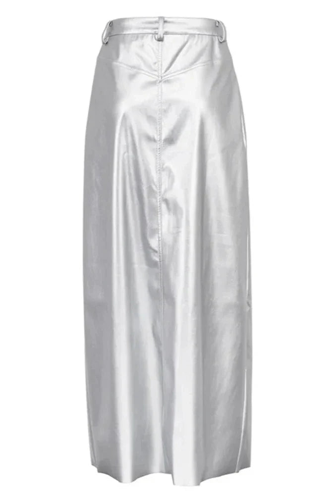 Zilveren Hoge Taille Potlood Maxi Rok
