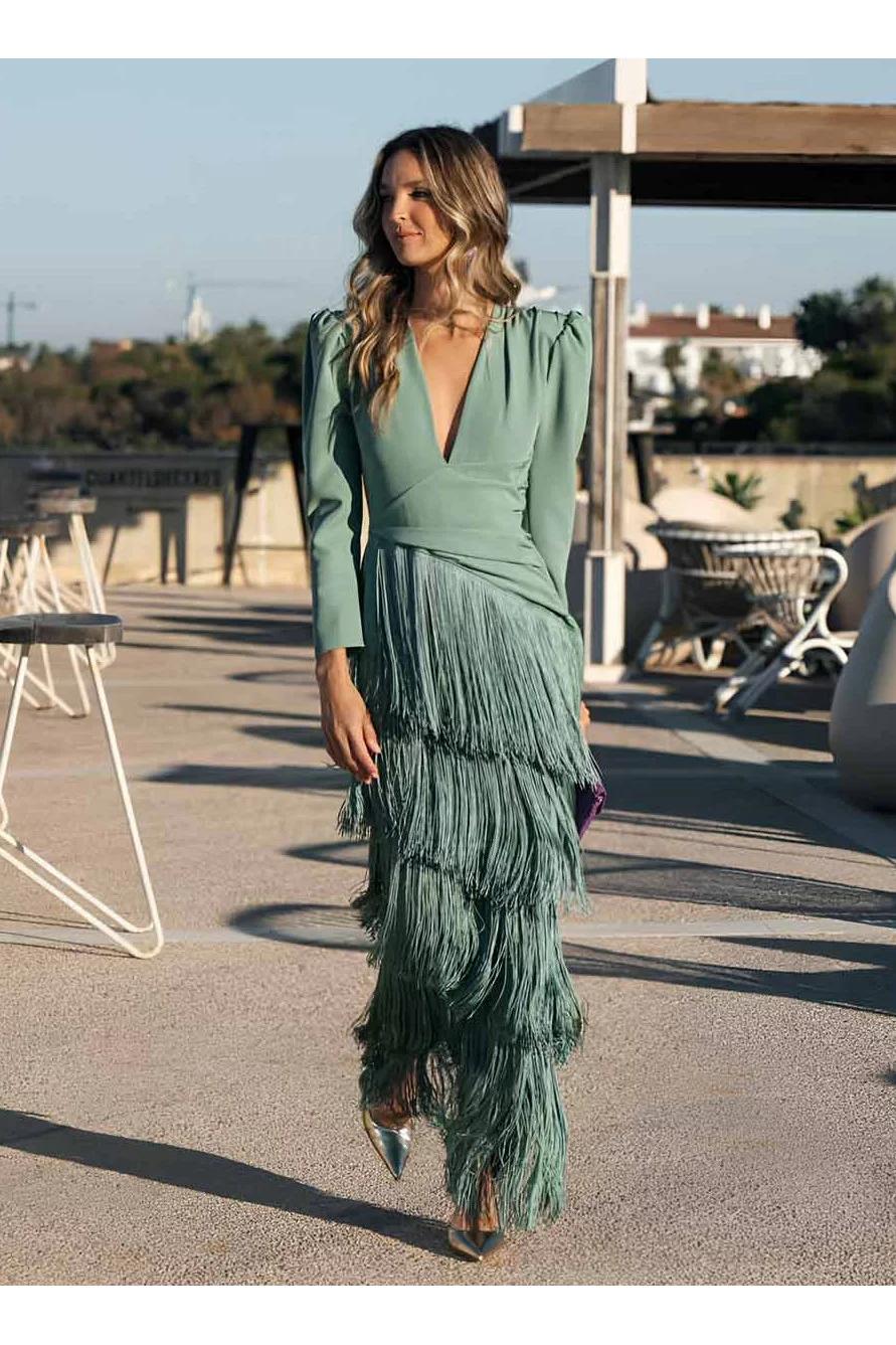 Plunge Fringe Maxi Dress