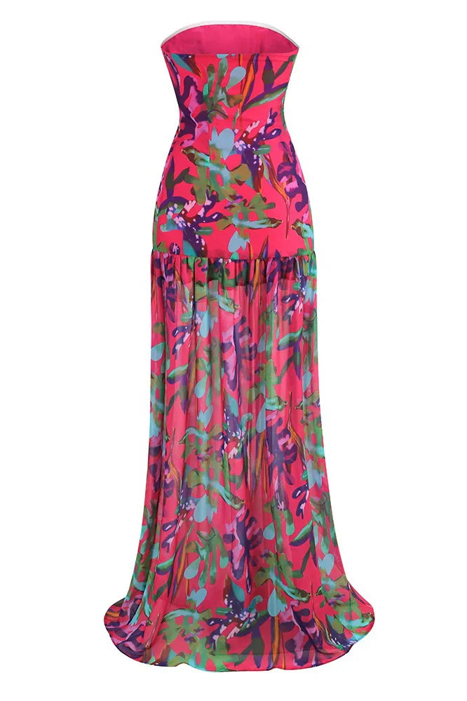 Pam Bedrukte Strapless Maxi-jurk met Split