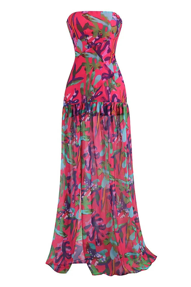 Pam Bedrukte Strapless Maxi-jurk met Split