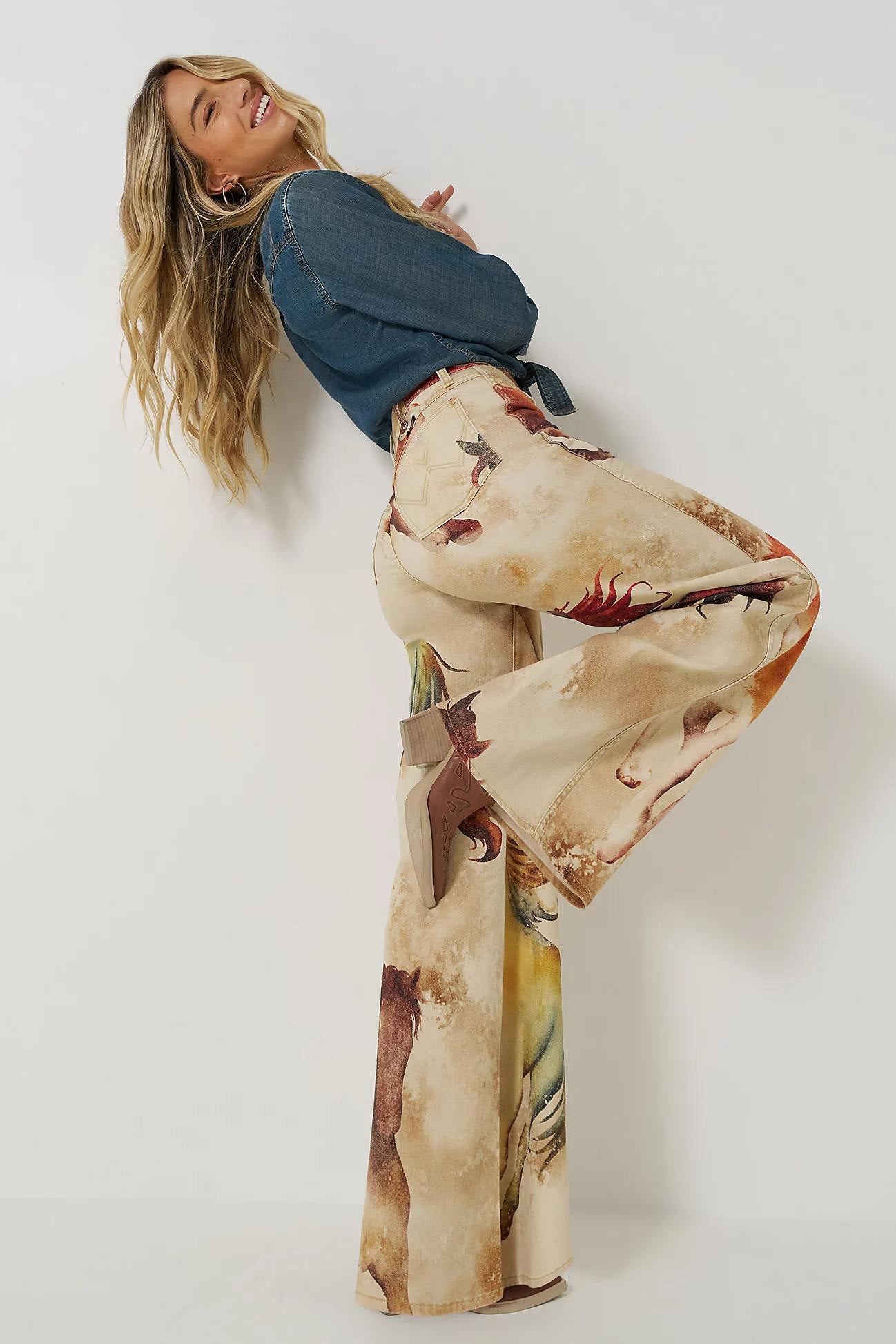 Horse - Printed Flared Denim Jeans