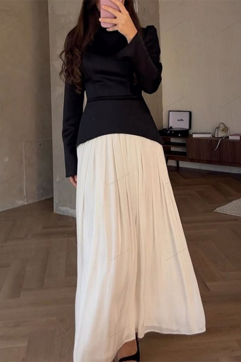 Kleurblok Samenvoeging Slim Fit Vetersluiting Lange Mouw Maxi Jurk