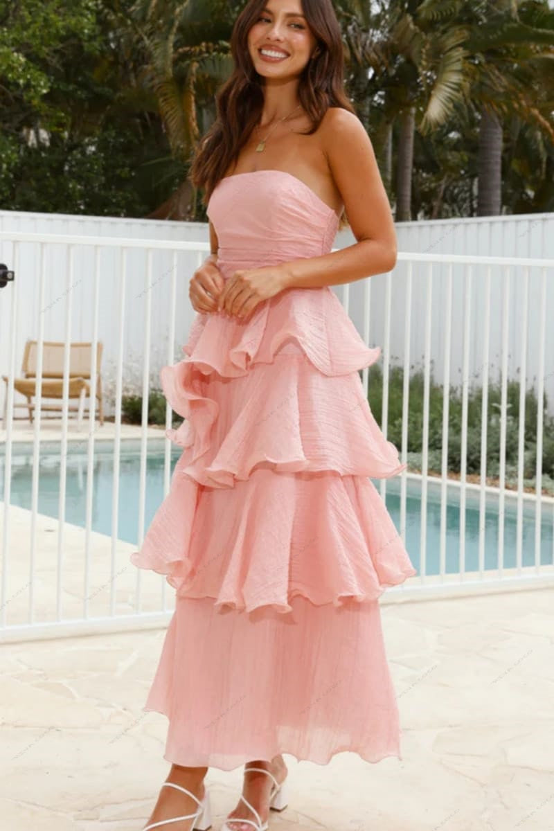 Sexy chique strapless rugloze gelaagde midi-jurk
