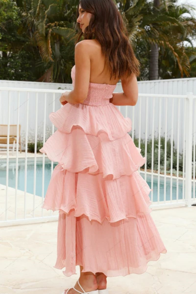 Sexy chique strapless rugloze gelaagde midi-jurk