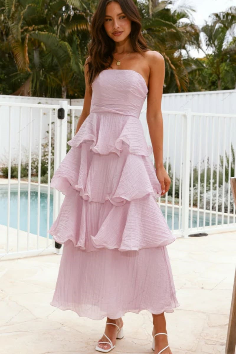 Sexy chique strapless rugloze gelaagde midi-jurk