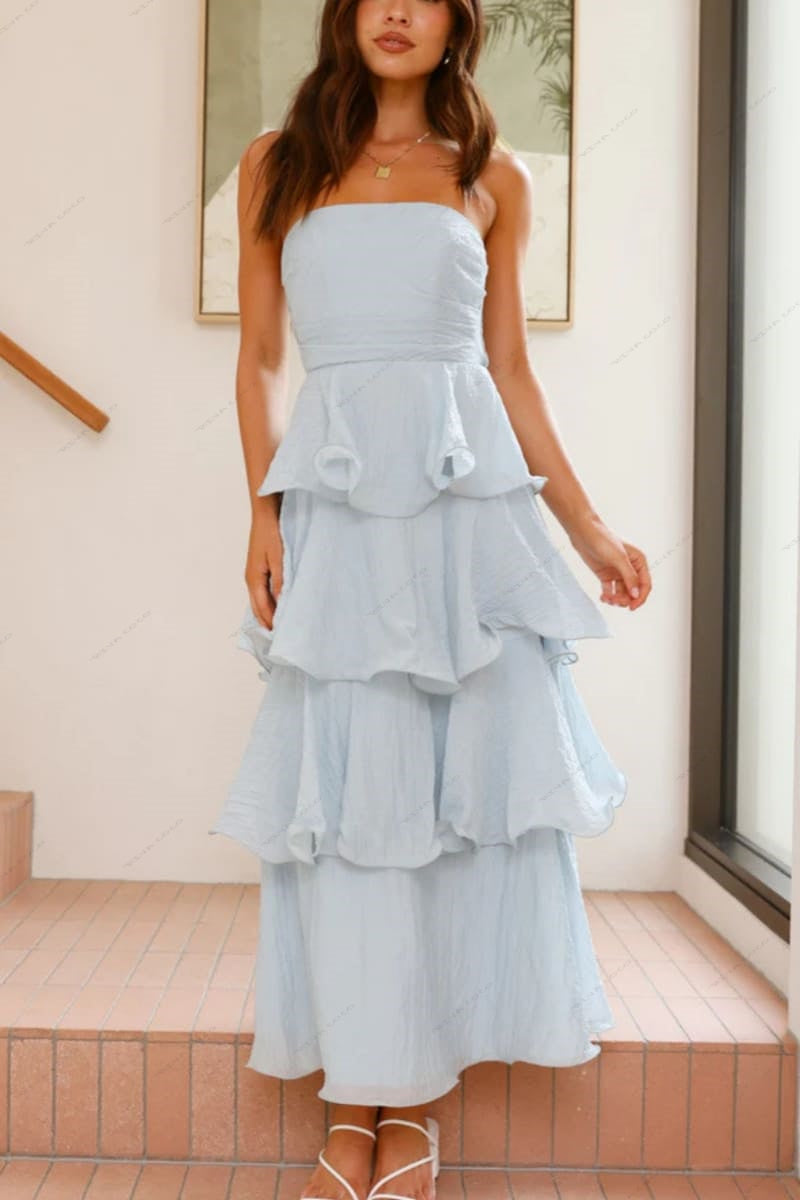 Sexy chique strapless rugloze gelaagde midi-jurk