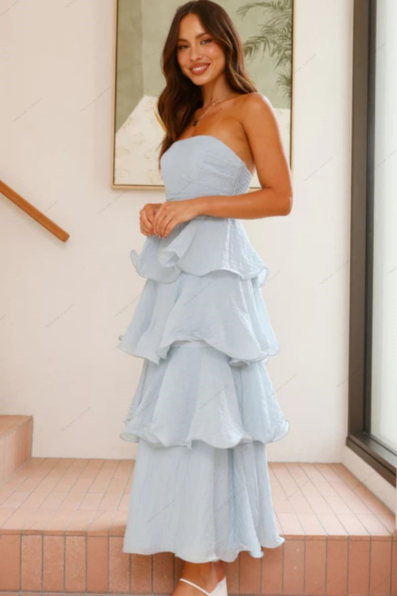 Sexy chique strapless rugloze gelaagde midi-jurk