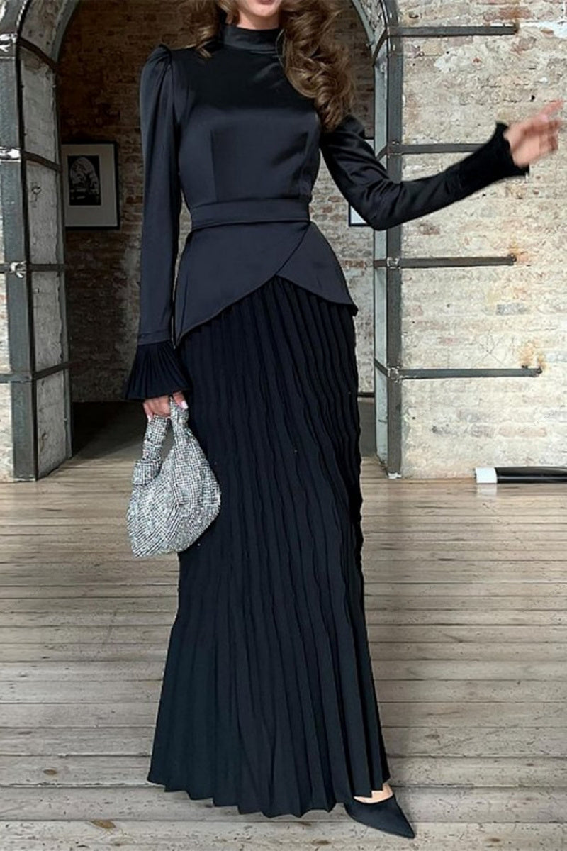 Kleurblok Samenvoeging Slim Fit Vetersluiting Lange Mouw Maxi Jurk