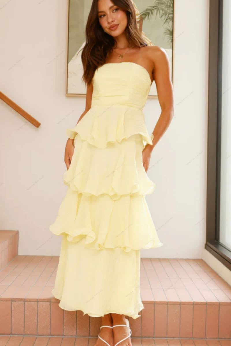 Sexy chique strapless rugloze gelaagde midi-jurk
